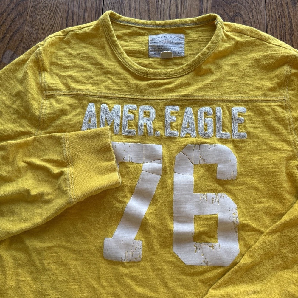 American Eagle Shirt Mens L Yellow Graphic Long‎ Sleeve Preppy Y2K 2014 *Flaws